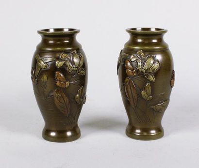 null Paire vases en bronze à patine brune décorés de fleurs d'oiseaux et de papillons.
Japon...