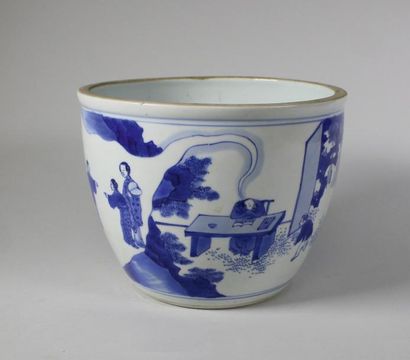 null Cache-pot en porcelaine bleu blanc à décor de scène animées dans des montagnes.
Haut.:...