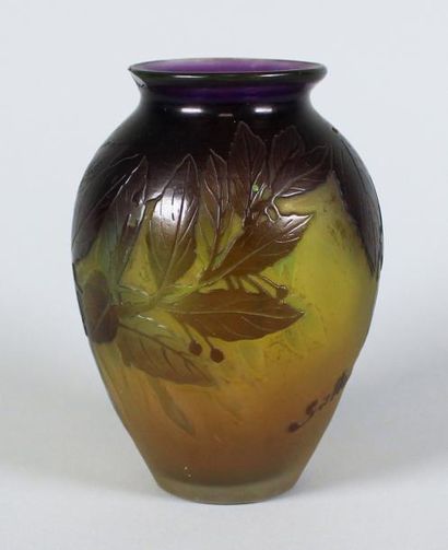 Émile GALLÉ (1846-1904) Vase violet en verre multicouches à décor de branches fleuries....