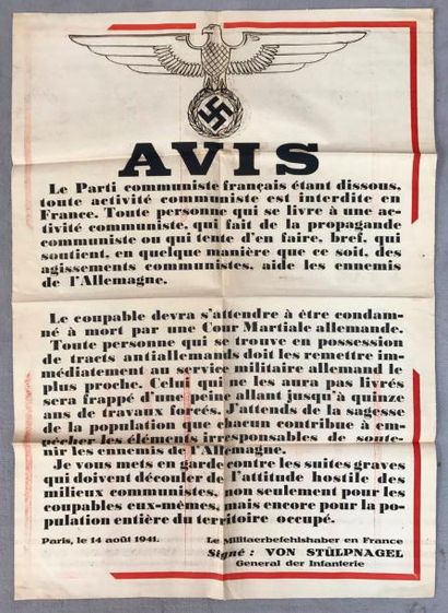 null Avis à la population signé Von Stülpnagel, general der
Infanterie, Paris, le...