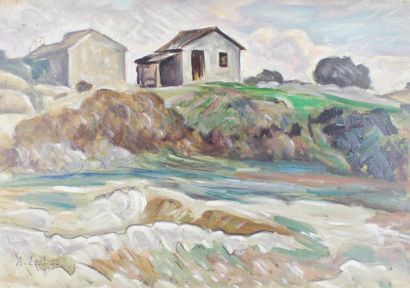 Alfred LESBROS (1873-1940) Maison au bord de la mer.
Huile sur toile.
38 x 55 cm