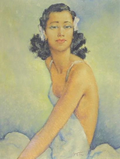 Georges DIM (XXe siècle) Portrait de femme.
Huile sur toile signée en bas au milieu.
65...