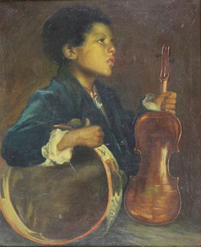 Arnold VAN DE LAAR (1886 - 1974) Le petit musicien.
Huile sur toile signée en bas...