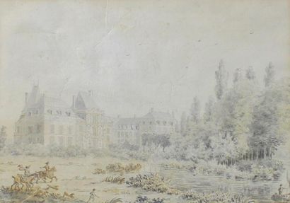 R.TAVERNIER DE JUNQUIERES (1742 -) attribué à Chasse au alentours d'un château, encre,...