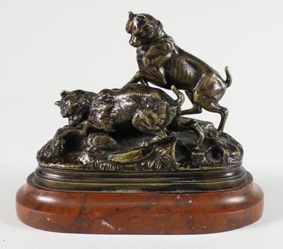 Jules moigniez (1835 - 1894) Deux chiens guettant le terrier.
Epreuve en bronze à...