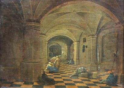 Peter NEEFS (Anvers, 1587 - Anvers, 1656/61) Saint Pierre visité par l'ange
Panneau...