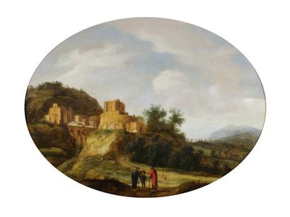Ecole Flamande du XVIIIe siècle Paysage avec des ruines.
Huile sur panneau ovale.
43...