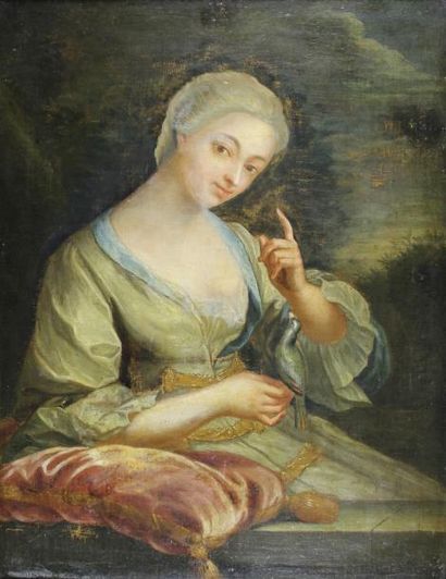 École FRANÇAISE du XVIIIe siècle Portrait de jeune fille à l'oiseau.
Huile sur toile.
(Restaurations...