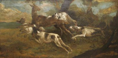 ECOLE DU XVIIIe SIÈCLE Chasse au cerf.
Peinture sur toile.
41 x 83 cm