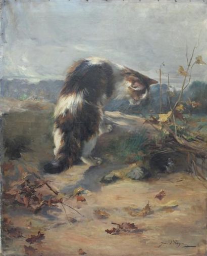 Jane DE HAZON DE SAINT-FIRMIN (1874-?) Grand chat norvégien chassant une souris.
Huile...