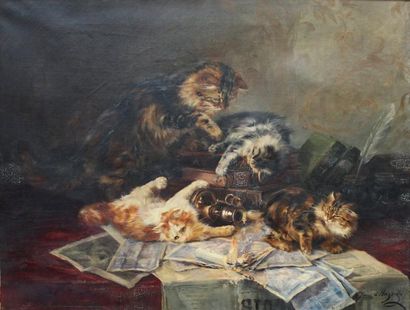 Jane DE HAZON DE SAINT-FIRMIN (1874-?) Les petits imprudents, famille de chat.
Huile...