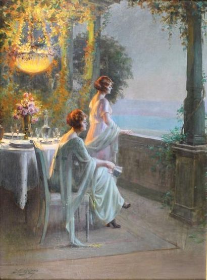 Delphin ENJOLRAS (1857 - 1945) Le soir sur la terrasse.
Huile sur toile signée en...