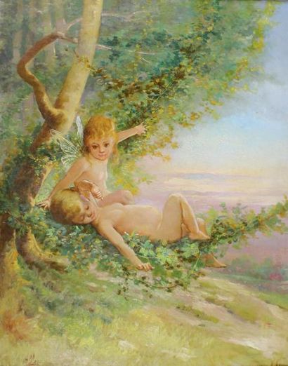 Henri BLANC-FONTAINE (1819 - 1897) Amours sous les arbres.
Huile sur toile signée...