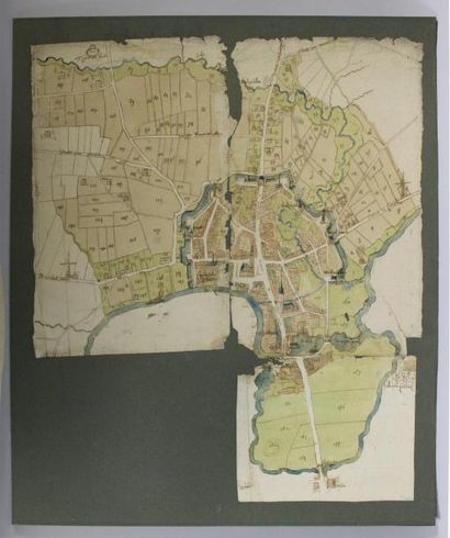 École FLAMANDE vers 1700 Plan d'une ville flamande.
Encre et lavis de couleurs.
Vue:...