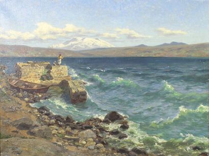 Julius Friedrich Ludwig RUNGE (1843 - 1922) Bord de mer agité.
Huile sur toile signée...