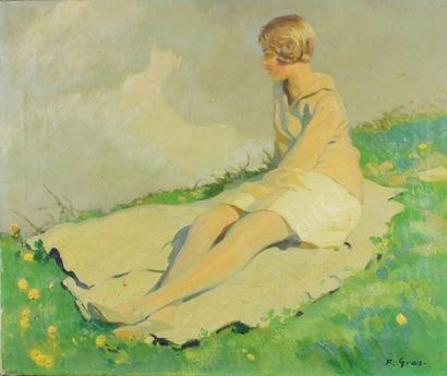 Francisco GRAS (1889/97 - ?) Le bain de soleil.
Huile sur toile signée en bas à droite.
55...