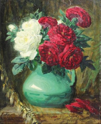 Pierre-Eugène MONTEZIN (attribué à) (1874 - 1946) Bouquet de roses rouges et blanches.
Huile...