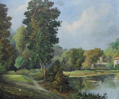 Georges GUERIN (1910 - ?) Au bord de l'étang.
Huile sur toile signée en bas à gauche
47...