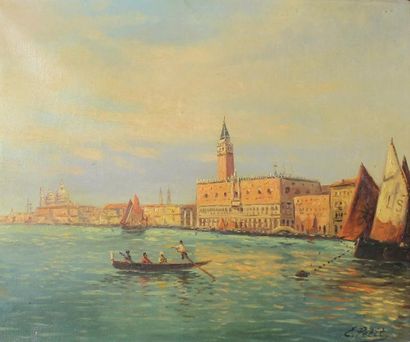 École FRANÇAISE du XXe siècle Gondolier sur le grand canal à Venise.
Portant une...