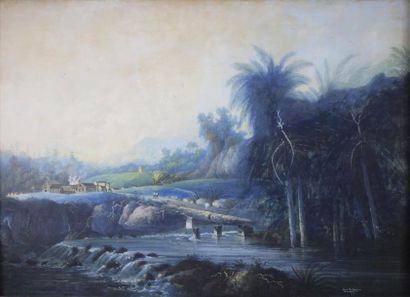 Louis BÉLANGER (1736/56-1816) Paysage de Jamaïque.
Gouache marouflée sur panneau...