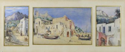 Ecole Italienne du xxe siècle Vues de Capri.
Ensemble de trois aquarelles dans un...
