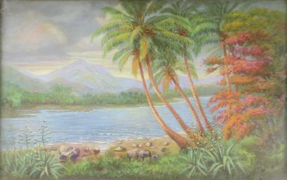 PRIVAT Vue de la Nouvelle Calédonie.
Pastel signé en bas à droite.
37 x 60 cm.