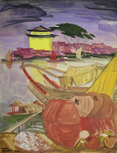 André MAIRE (1898 - 1984) Le port de Chow Long.
Gouache signée, datée 1955 en bas...