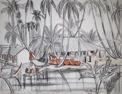 André MAIRE (1898 - 1984) Bord de rivière au Viêt Nam.
Fusain et sanguine signé et...
