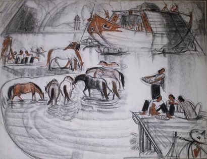 MAIRE André (1898 - 1984) Pont sur le Mékong avec des chevaux.
Fusain et sanguine.
50...