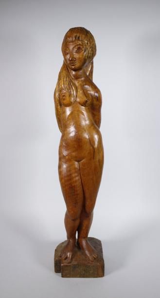 GALLIARD (XXe) La tahitienne, 1936.
Sculpture en bois en taille directe signée.
Haut.:...