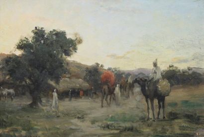 Paul LAZERGES (1845 - 1902) Le campement arabe. 
Huile sur panneau signé en bas à...