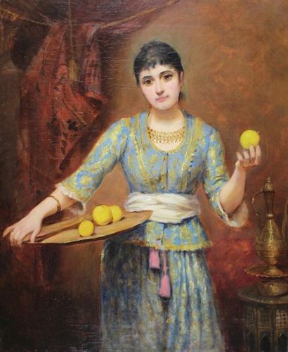 Alphonse DEBAENNE (XIXe - XXe siècle) La marchande d'oranges.
Huile sur toile signée...
