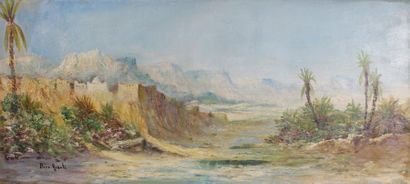 Pierre AUZOLE (XIXe - XXe SIÈCLE) Vue de l'Oued et des montagnes.
Huile sur toile...