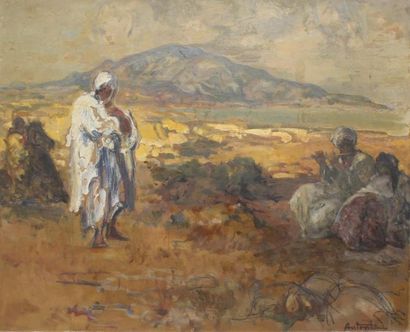 Louis Ferdinand ANTONI (1872 - 1940) Touaregs dans le désert.
Huile sur panneau.
65...