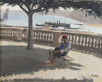 Maurice ADREY (1899 - 1950) Sur le banc devant la baie d'Oran.
Huile sur toile signée...