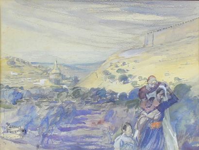 Charles FOUQUERAY (1869 - 1956) Jérusalem.
Aquarelle et gouache signée, datée 1919...