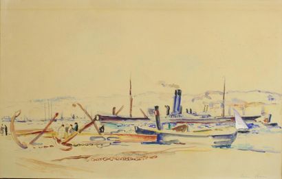 Louis RIOU (1893 - 1958) Le port d'Alger.
Aquarelle et gouache.
31 x 48 cm.