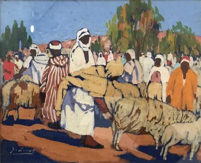 Gustave LINO (1893-1961). Le marché aux moutons.
Gouache signée en bas à gauche.
Vue:...