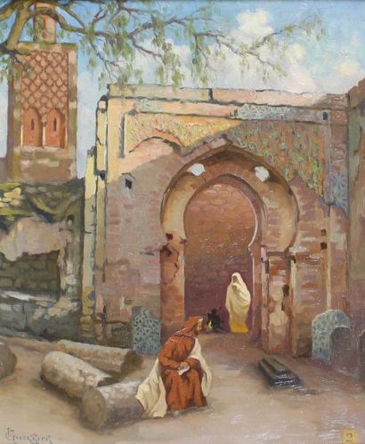 GUERRIER (xixe - xxe siècle) Près de la mosquée à Fez.
Huile sur isorel signé en...