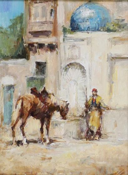 Mikhaïl KRAIEV (1957) Le cavalier à la fontaine.
Huile sur toile signée en bas à...