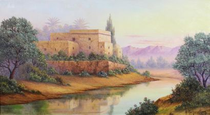 Henri RICHEVILLAIN (xixe - xxe siècle) Riad au bord de l'Oued. Coucher de soleil.
Huile...