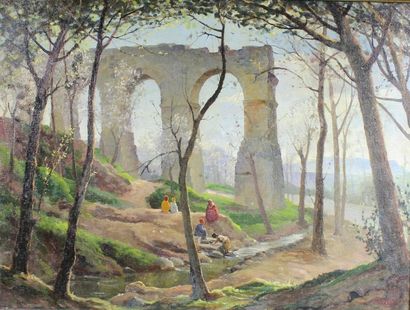 Roger-Marius DEBAT (1907 - 1972) Les lavandières. 
Huile sur toile.
46 x 61 cm.