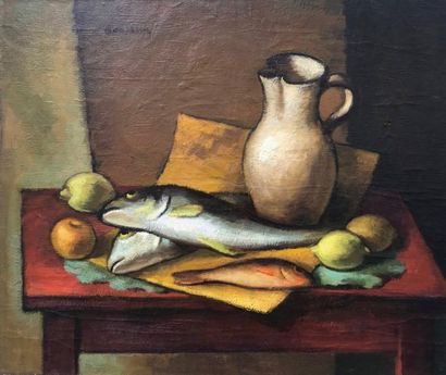 Pierre BOUCHERLE (1894-1988). Nature morte aux poissons. 
Huile sur toile signée...