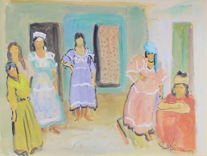 Maurice BOUVIOLLE (1893 - 1971) Les filles de Ghardaïa.
Gouache et aquarelle sur...