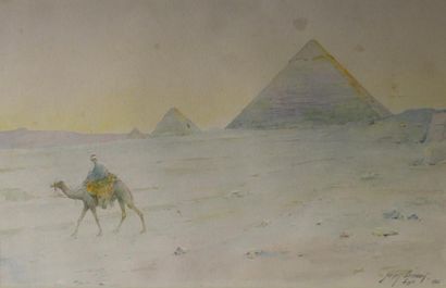 Henry BACON (1839 - 1912) Méhariste aux pyramides, 1902.
Aquarelle signée et datée...