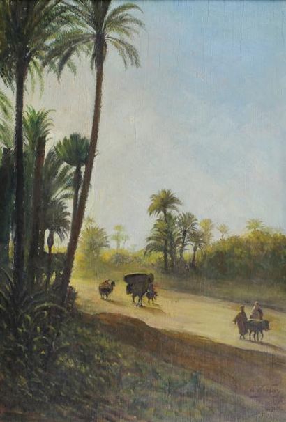 C. VERNAY (XIXe siècle) La caravane dans la palmeraie.
Huile sur panneau signé en...