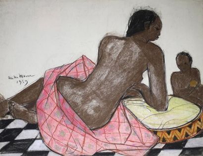 André MAIRE (1898 - 1984) Deux femmes africaines.
Pastel et fusain signé daté 1959...