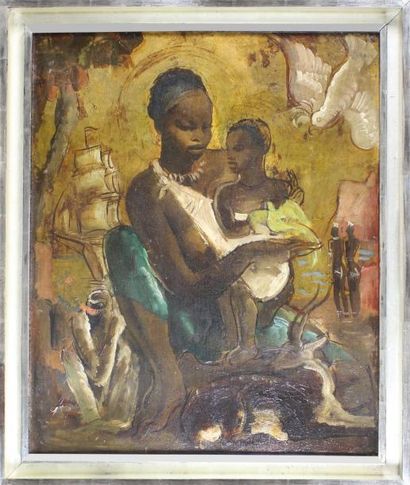 Milivoy UZELAC (1897 - 1977) Maternité africaine.
Huile sur panneau sur fond or signée...