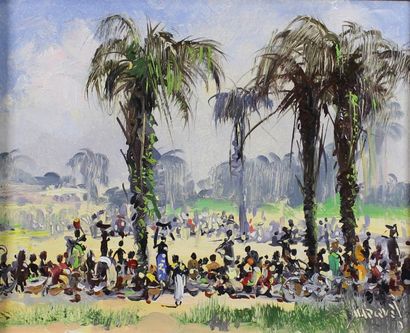 Guilherme MARQUES (1887 - 1960) Scène animée africaine.
Huile sur isorel signé en...