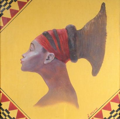 LAPEYRE. Portrait de femme Mangbetu.
Peinture sur soie.
49 x 48 cm.
